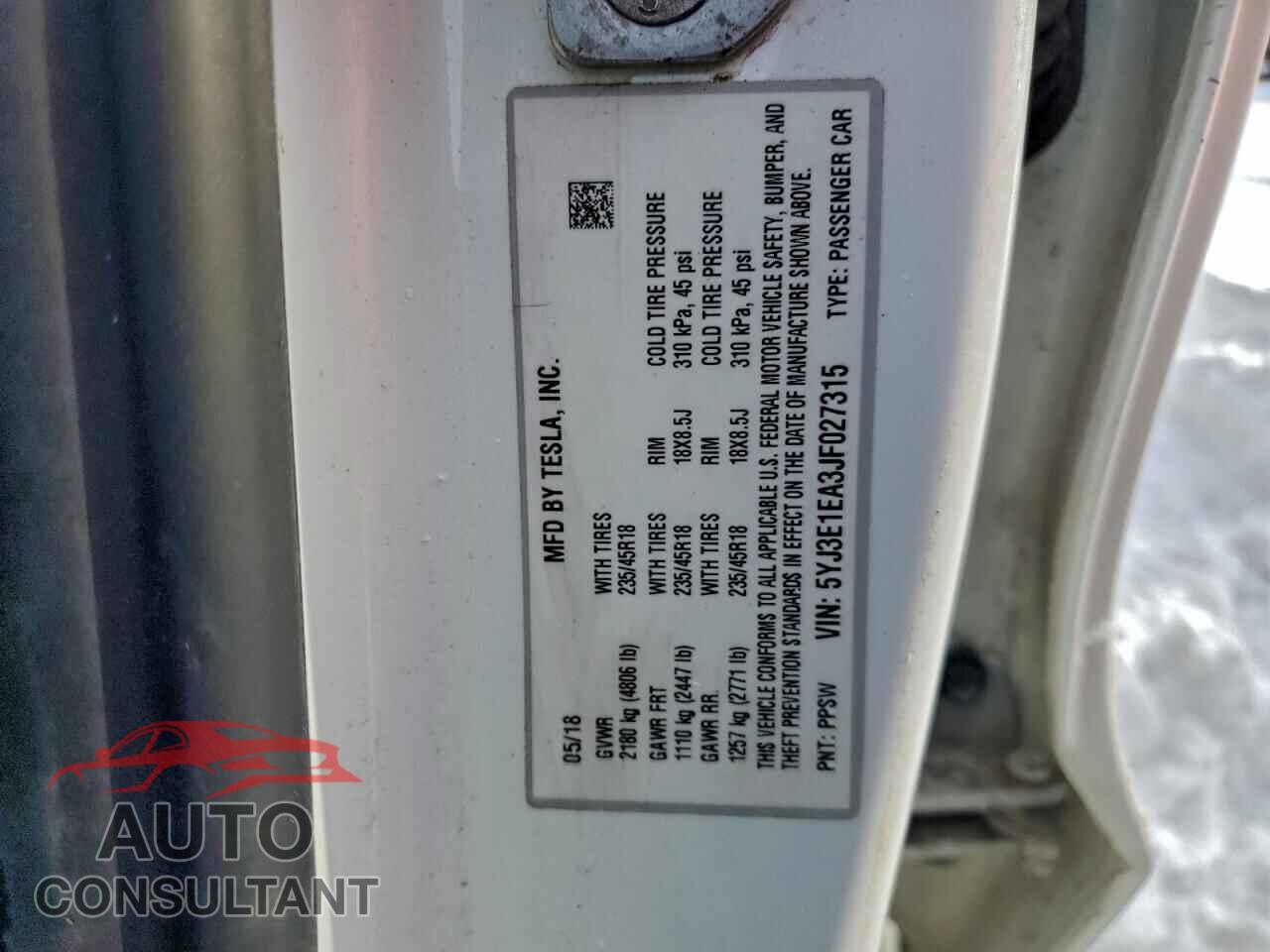 TESLA MODEL 3 2018 - 5YJ3E1EA3JF027315