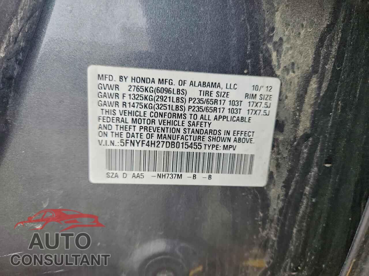 HONDA PILOT 2013 - 5FNYF4H27DB015455