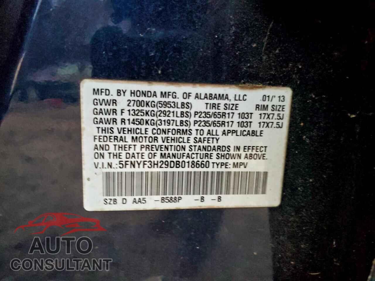 HONDA PILOT 2013 - 5FNYF3H29DB018660