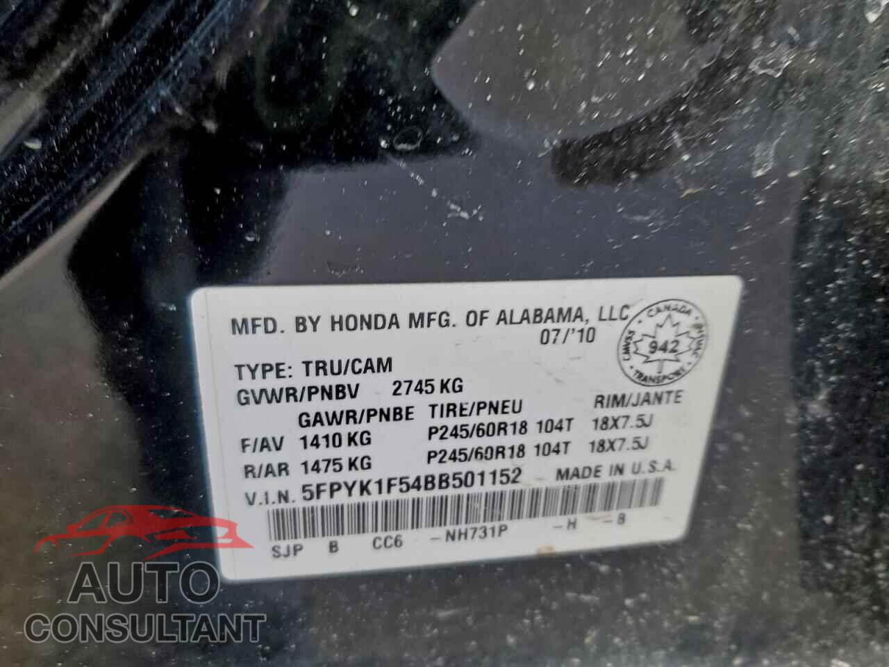 HONDA RIDGELINE 2011 - 5FPYK1F54BB501152