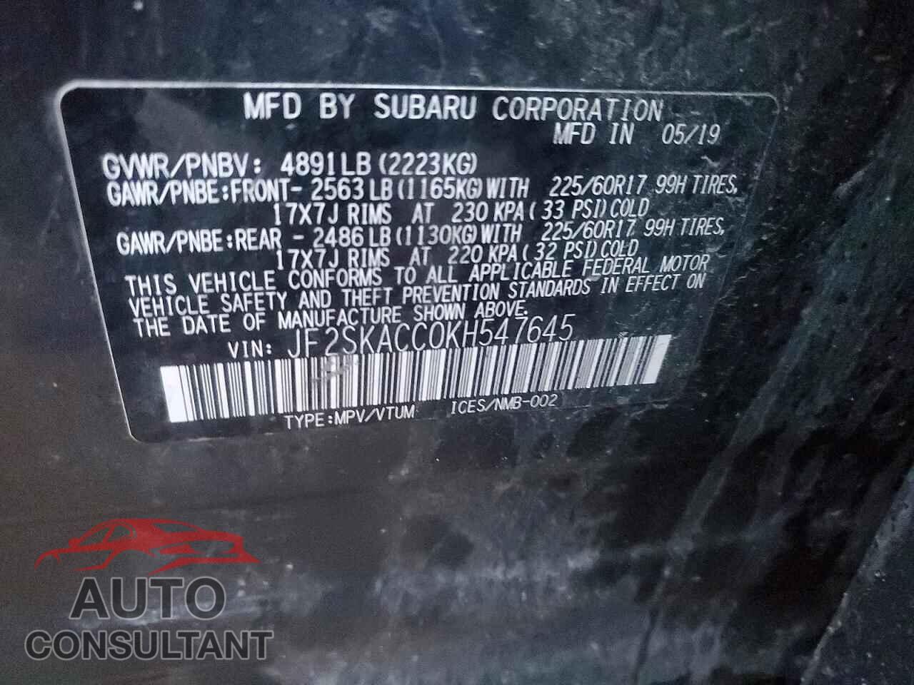 SUBARU FORESTER 2019 - JF2SKACC0KH547645