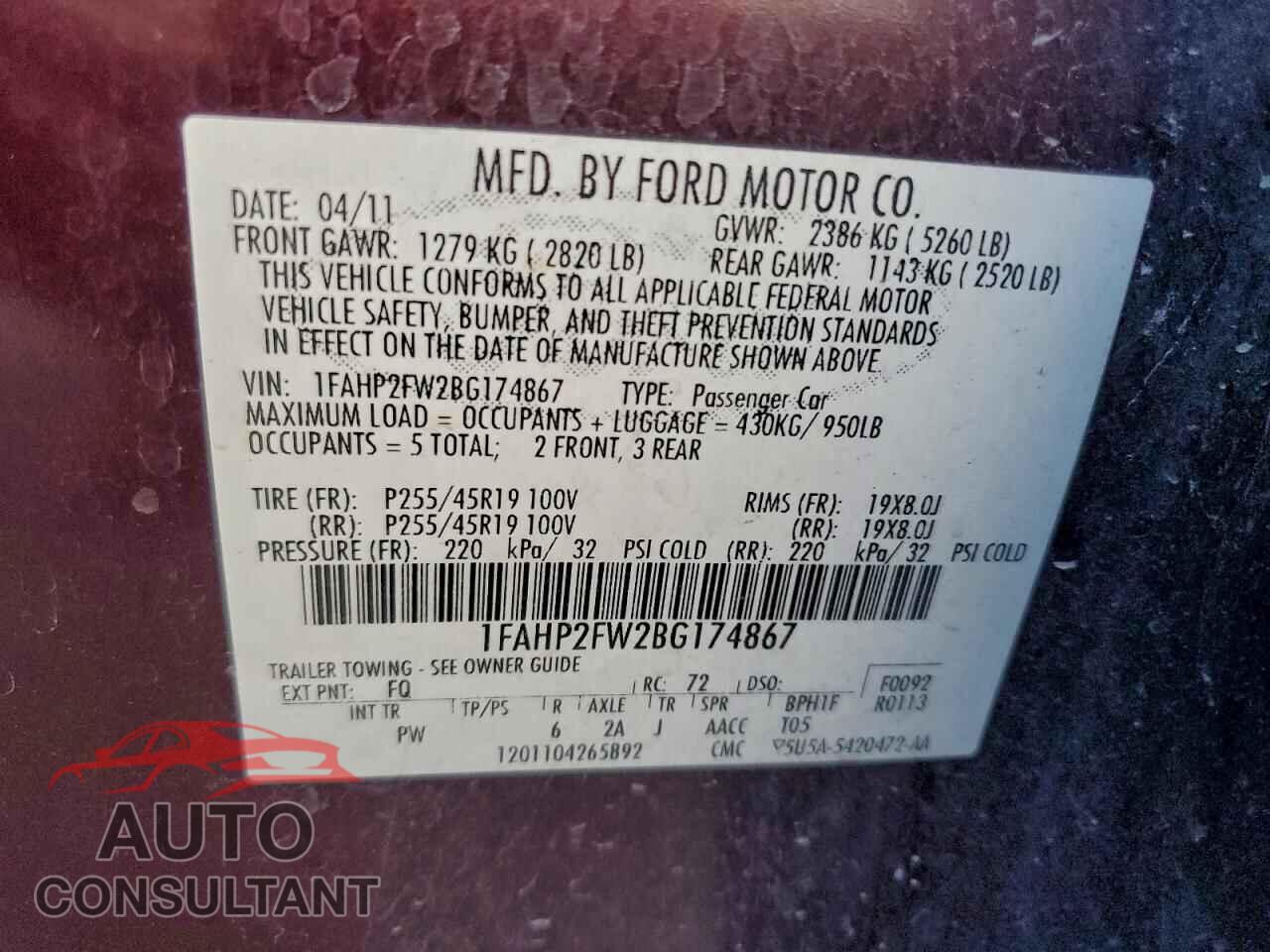 FORD TAURUS 2011 - 1FAHP2FW2BG174867