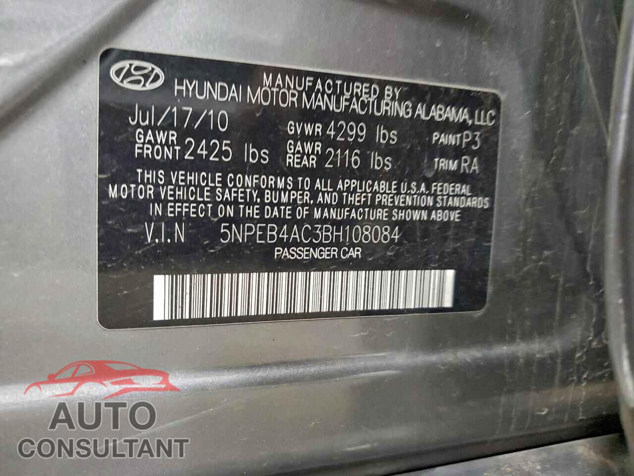HYUNDAI SONATA 2011 - 5NPEB4AC3BH108084