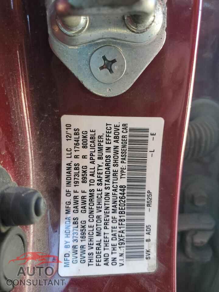 HONDA CIVIC 2011 - 19XFA1F81BE026448