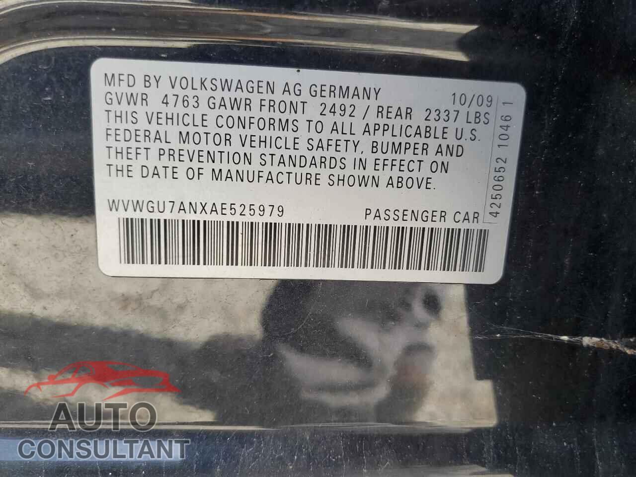 VOLKSWAGEN CC 2010 - WVWGU7ANXAE525979
