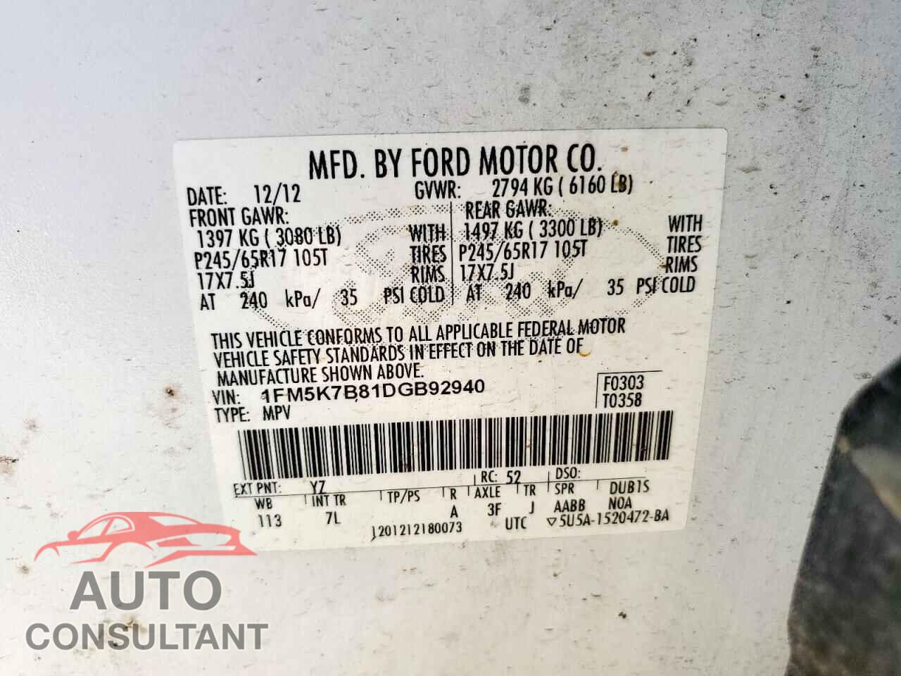 FORD EXPLORER 2013 - 1FM5K7B81DGB92940
