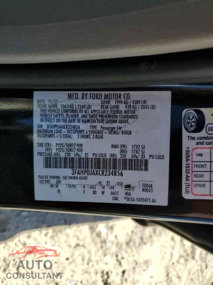 FORD FUSION 2012 - 3FAHP0JAXCR234856