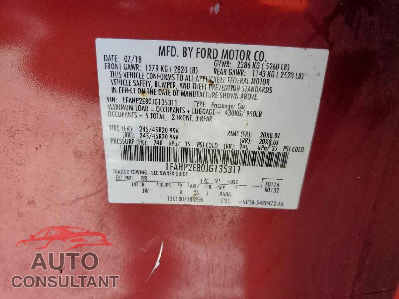 FORD TAURUS 2018 - 1FAHP2E80JG135311