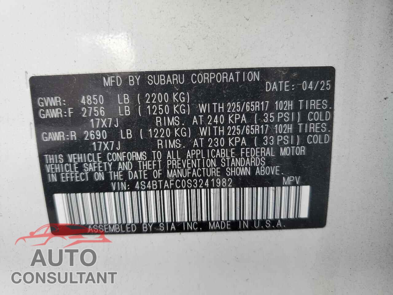 SUBARU OUTBACK 2025 - 4S4BTAFC0S3241982