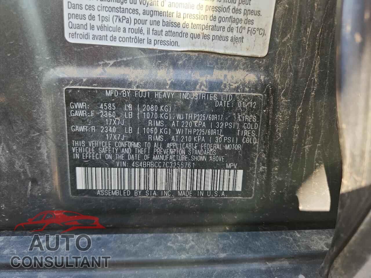 SUBARU OUTBACK 2012 - 4S4BRBCC7C3255761