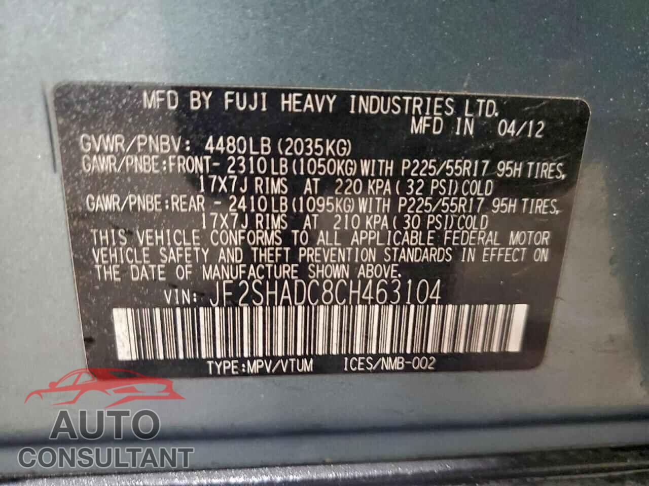 SUBARU FORESTER 2012 - JF2SHADC8CH463104