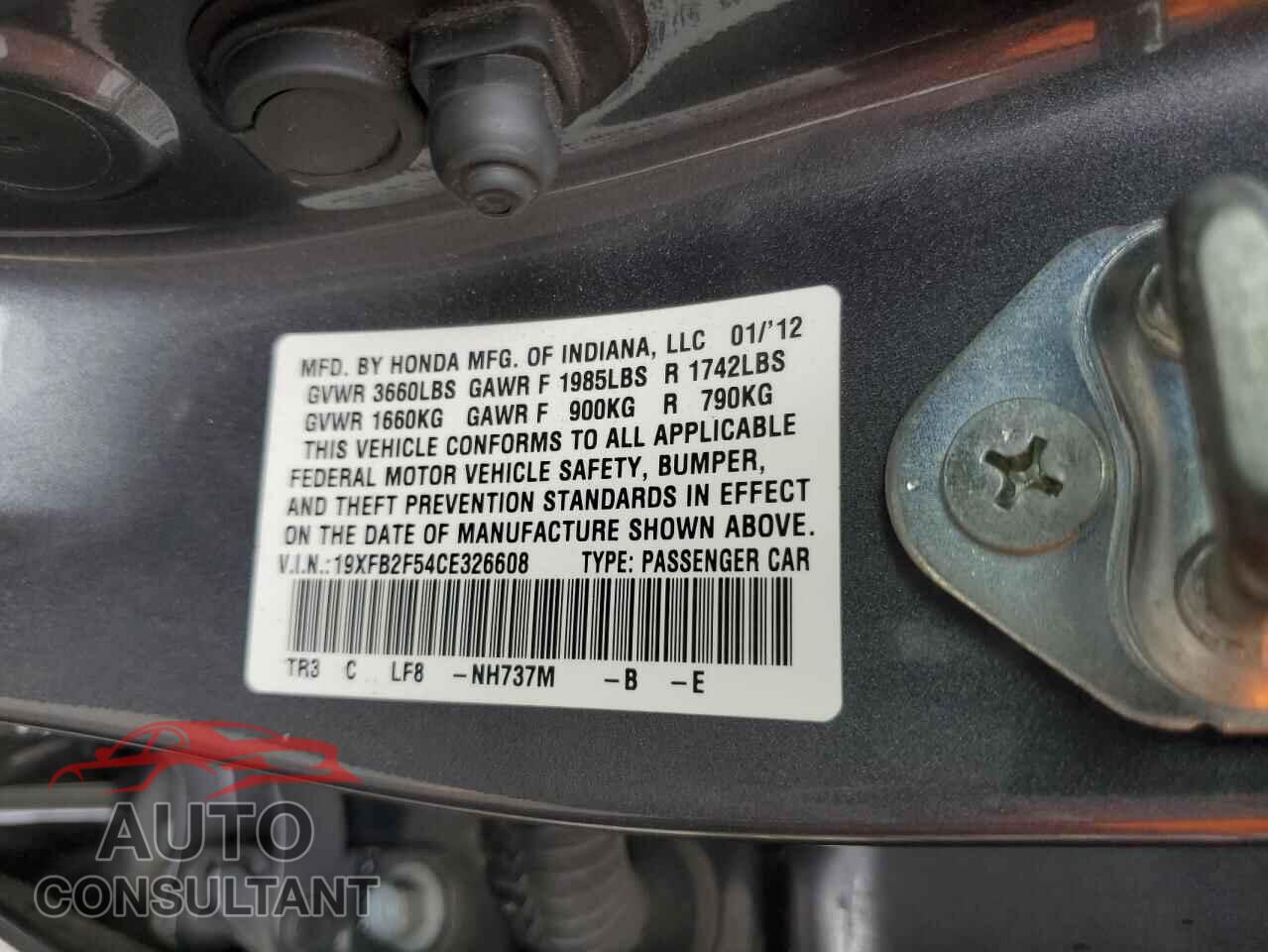 HONDA CIVIC 2012 - 19XFB2F54CE326608