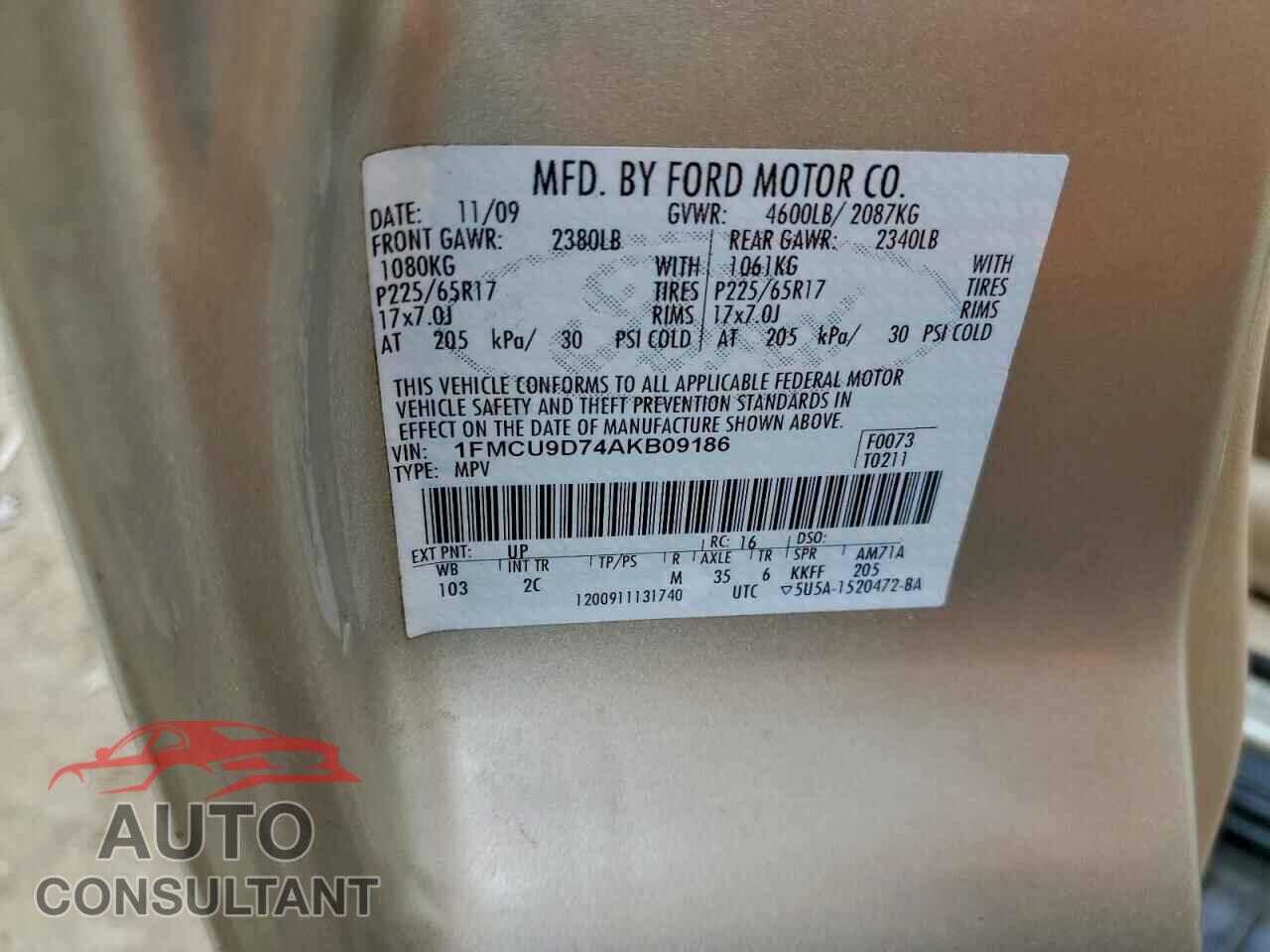 FORD ESCAPE 2010 - 1FMCU9D74AKB09186