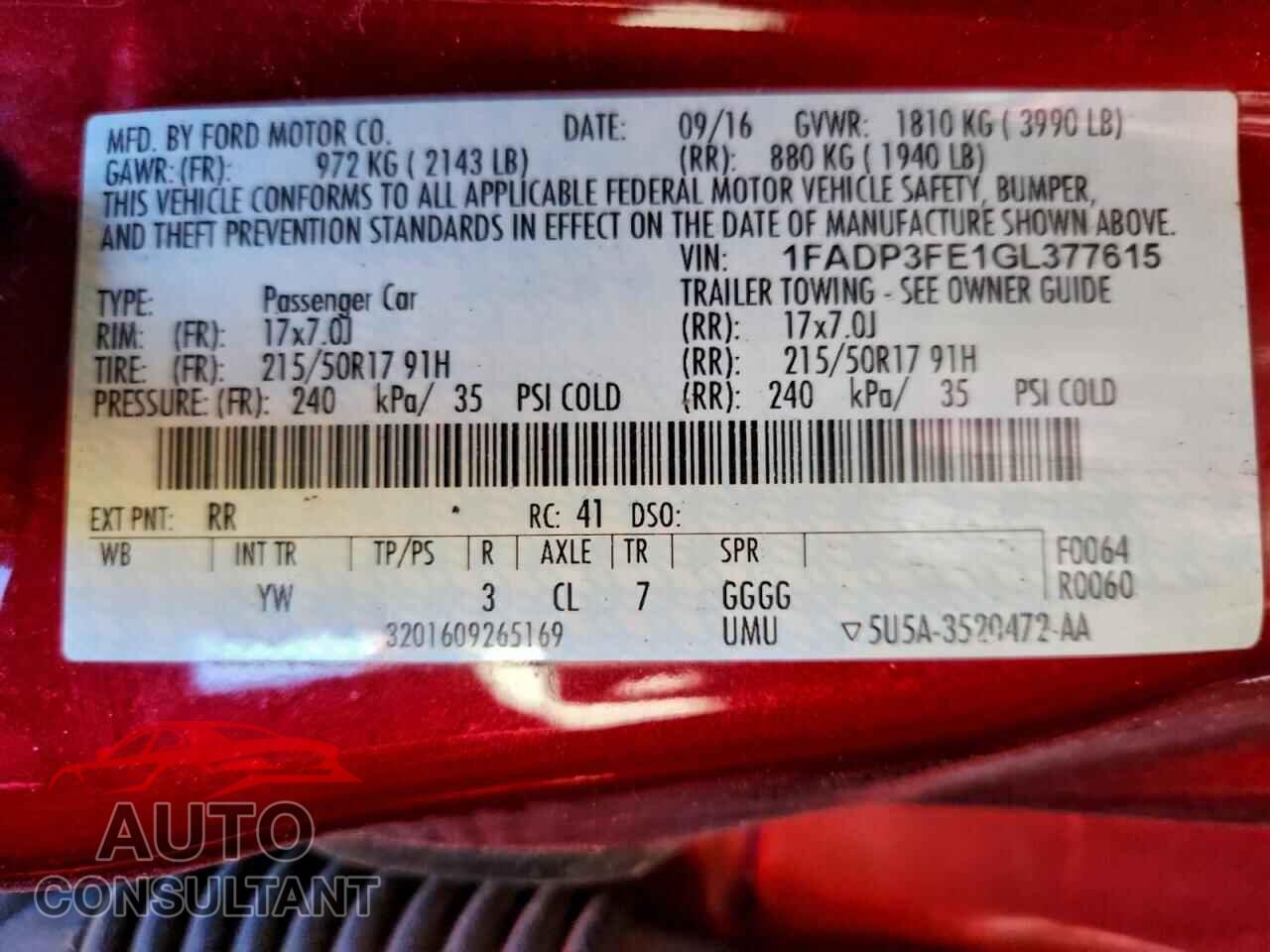FORD FOCUS 2016 - 1FADP3FE1GL377615