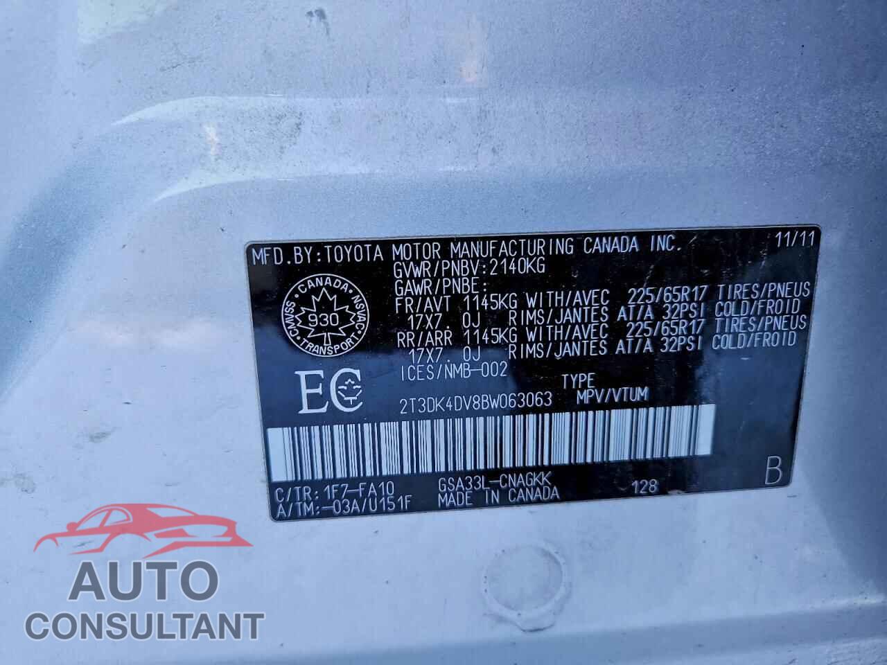 TOYOTA RAV4 2011 - 2T3DK4DV8BW063063