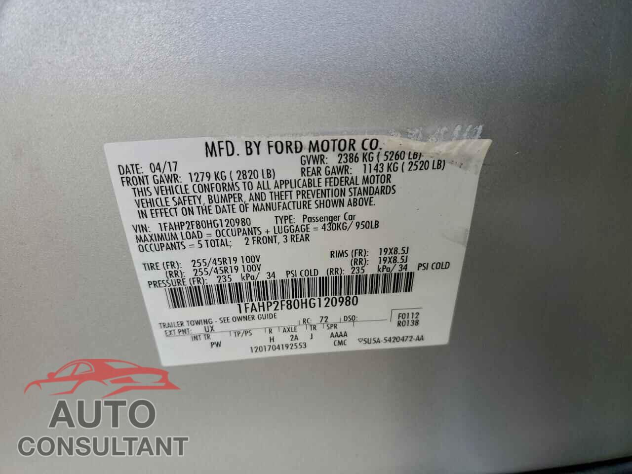 FORD TAURUS 2017 - 1FAHP2F80HG120980