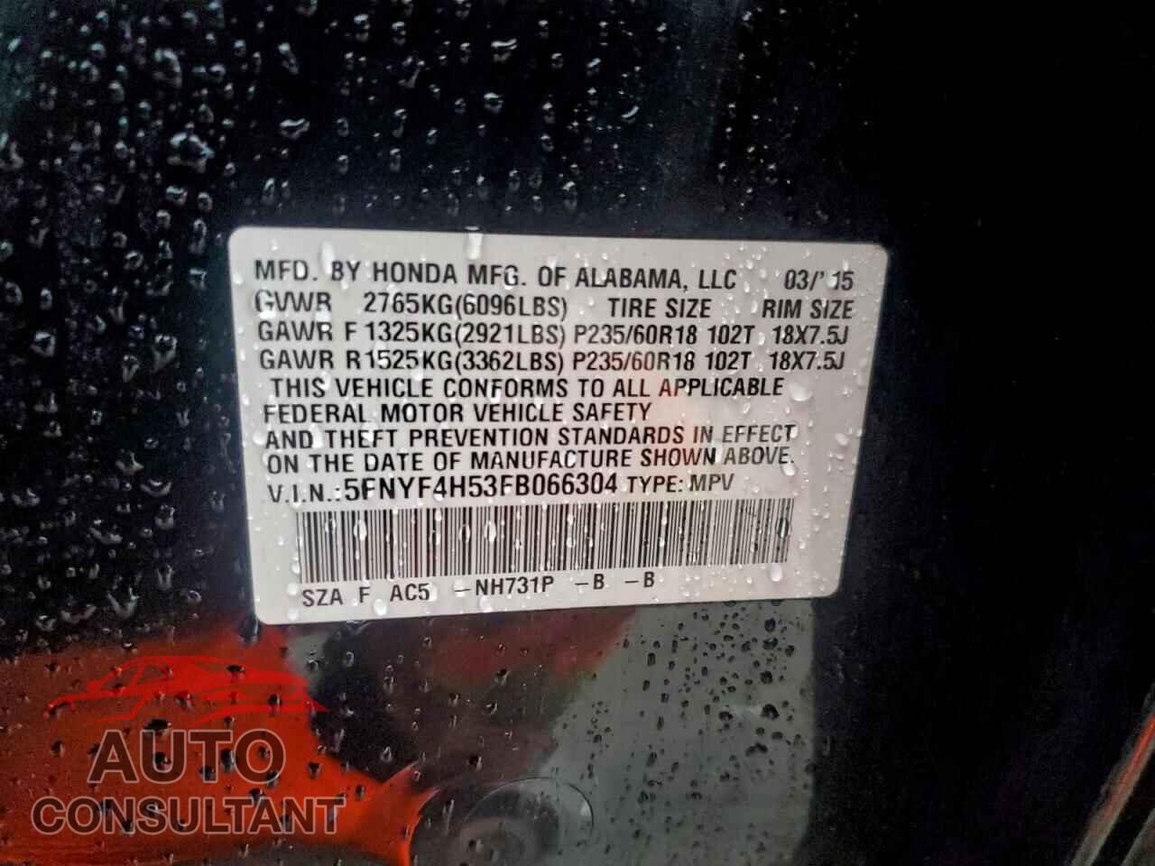 HONDA PILOT 2015 - 5FNYF4H53FB066304