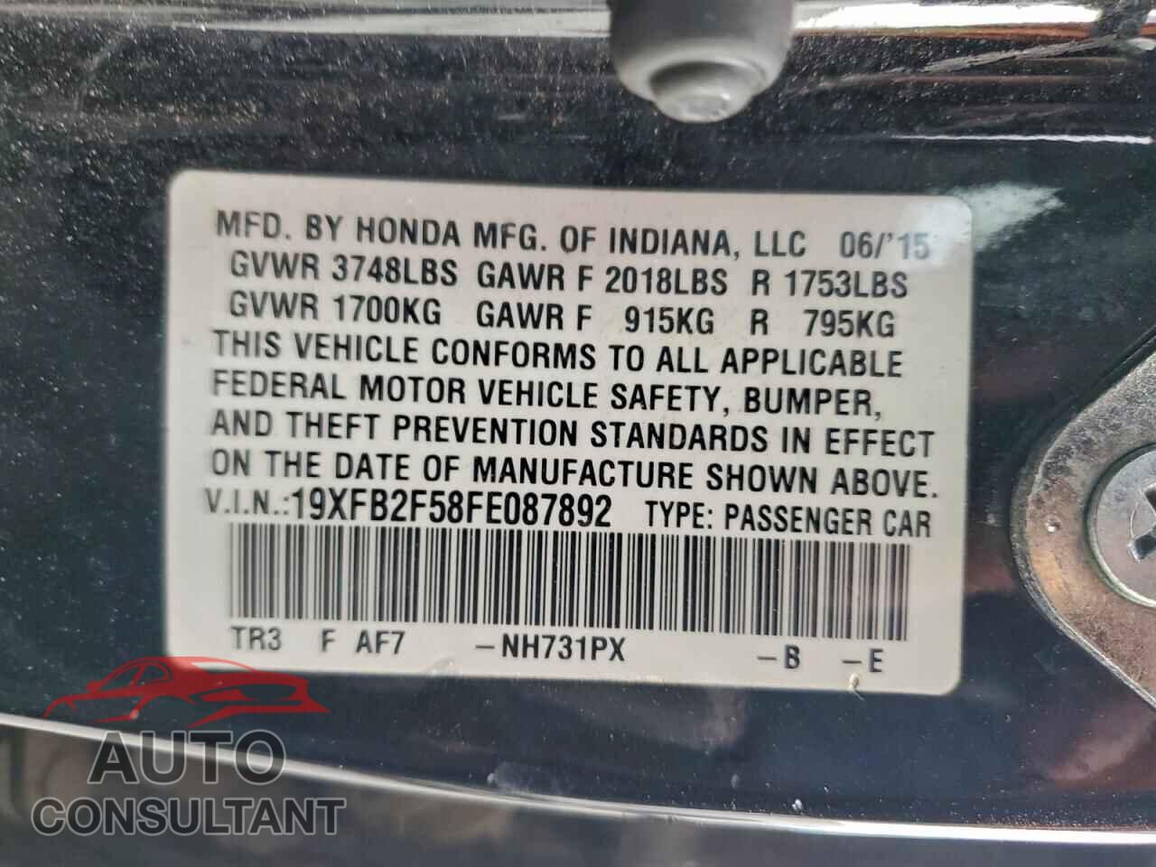 HONDA CIVIC 2015 - 19XFB2F58FE087892
