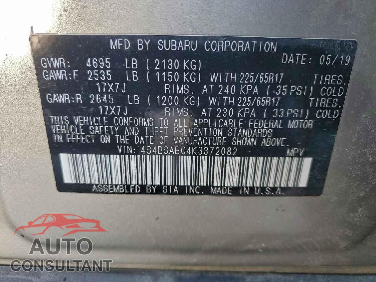 SUBARU OUTBACK 2019 - 4S4BSABC4K3372082