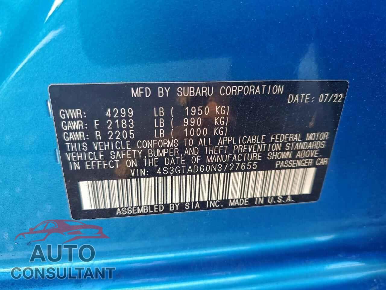 SUBARU IMPREZA 2022 - 4S3GTAD60N3727655