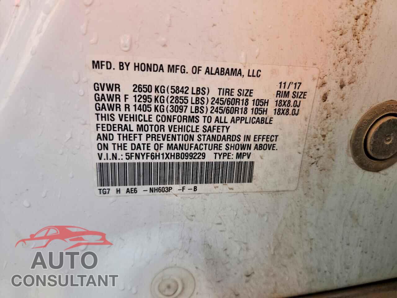 HONDA PILOT 2017 - 5FNYF6H1XHB099229