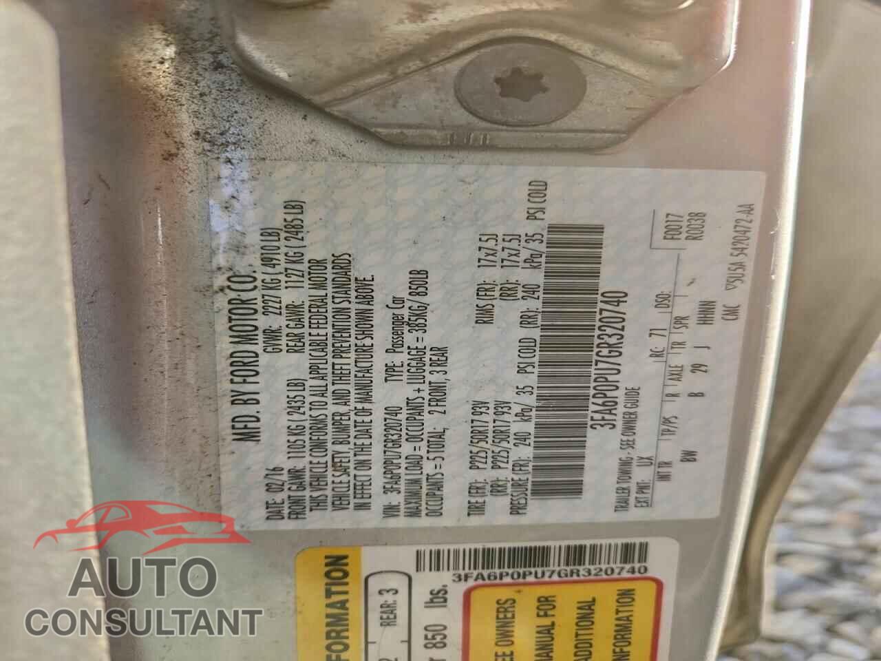 FORD FUSION 2016 - 3FA6P0PU7GR320740
