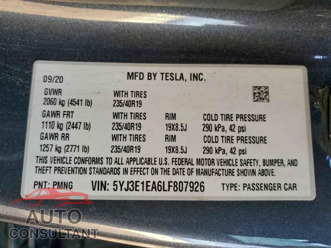 TESLA MODEL 3 2020 - 5YJ3E1EA6LF807926