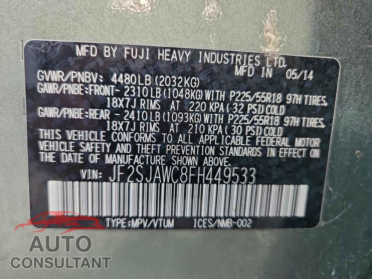 SUBARU FORESTER 2015 - JF2SJAWC8FH449533