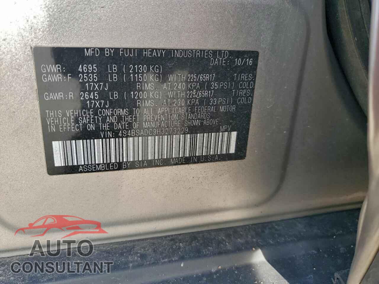 SUBARU OUTBACK 2017 - 4S4BSADC9H3273229