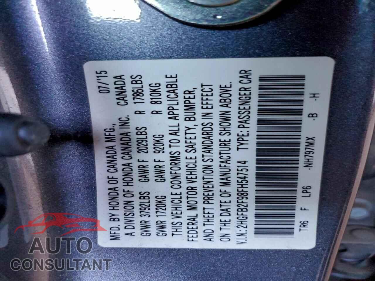HONDA CIVIC 2015 - 2HGFB2F98FH547514