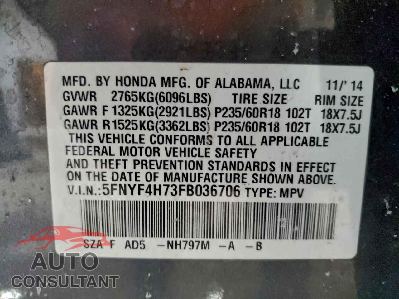 HONDA PILOT 2015 - 5FNYF4H73FB036706