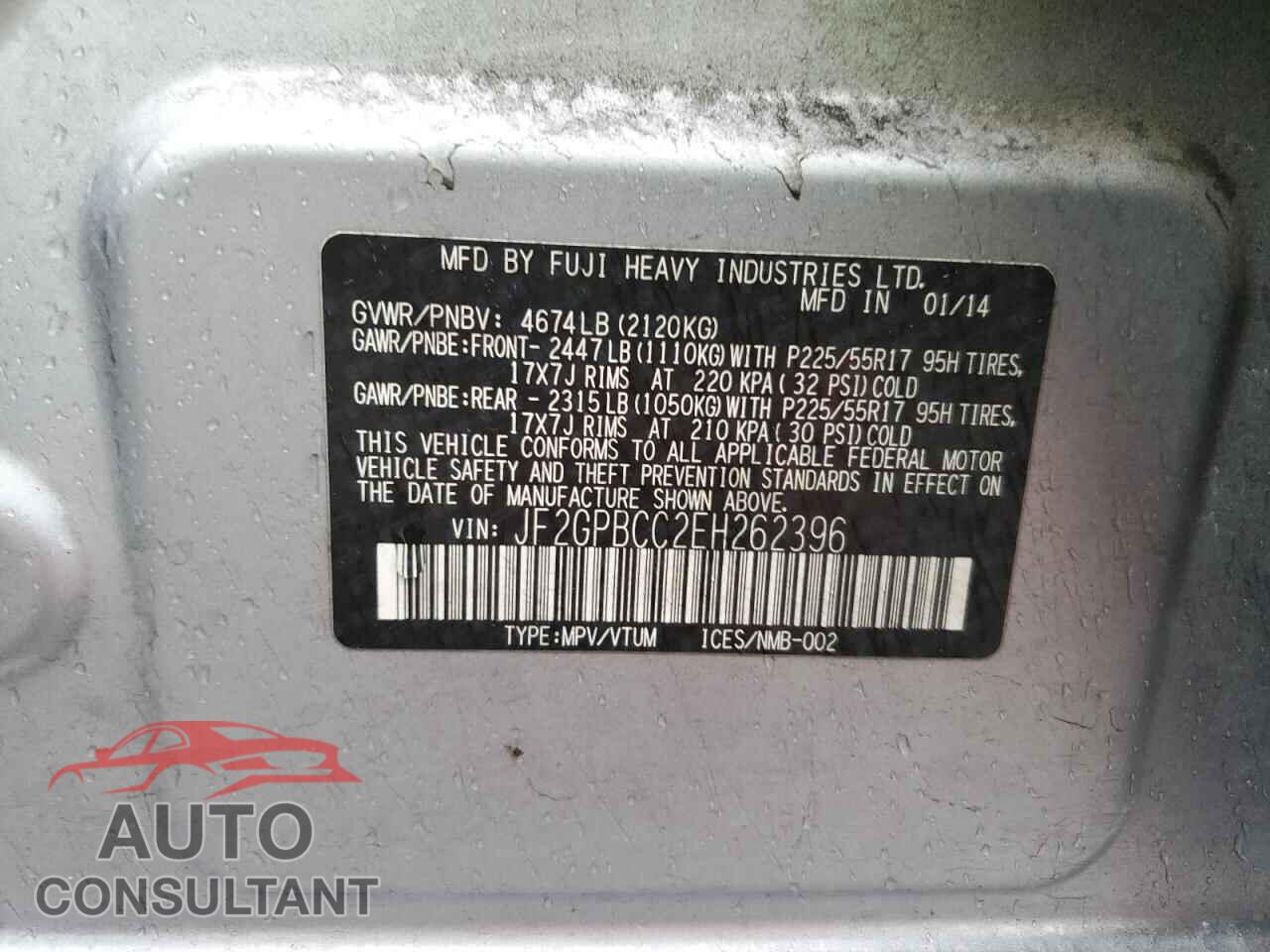 SUBARU XV 2014 - JF2GPBCC2EH262396