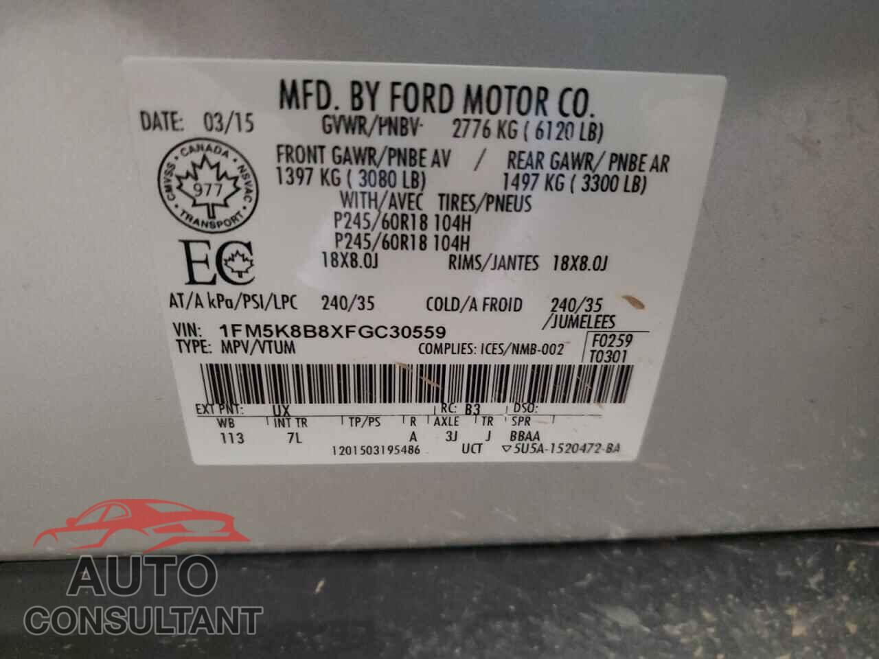 FORD EXPLORER 2015 - 1FM5K8B8XFGC30559