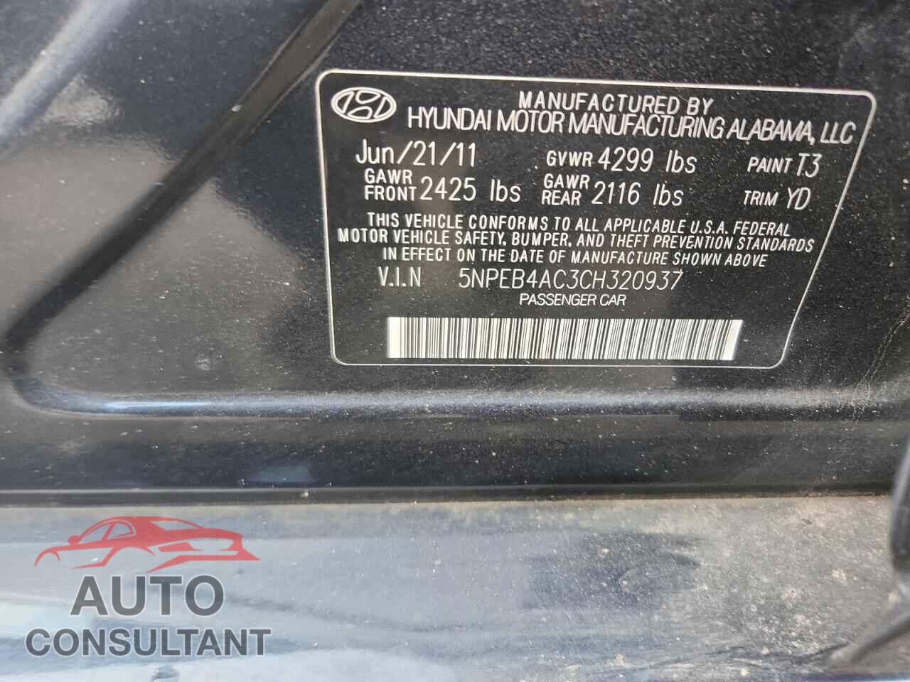 HYUNDAI SONATA 2012 - 5NPEB4AC3CH320937