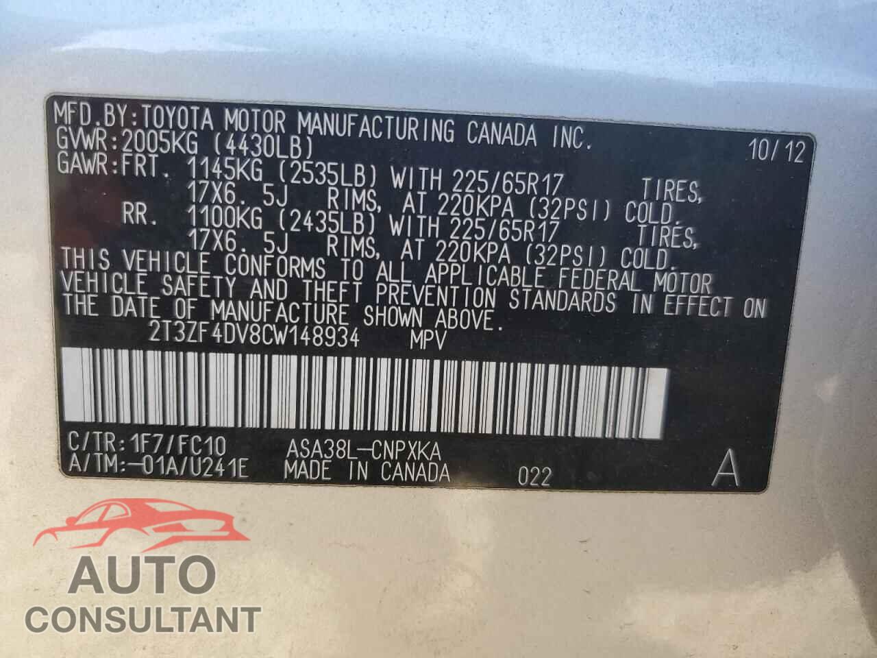 TOYOTA RAV4 2012 - 2T3ZF4DV8CW148934