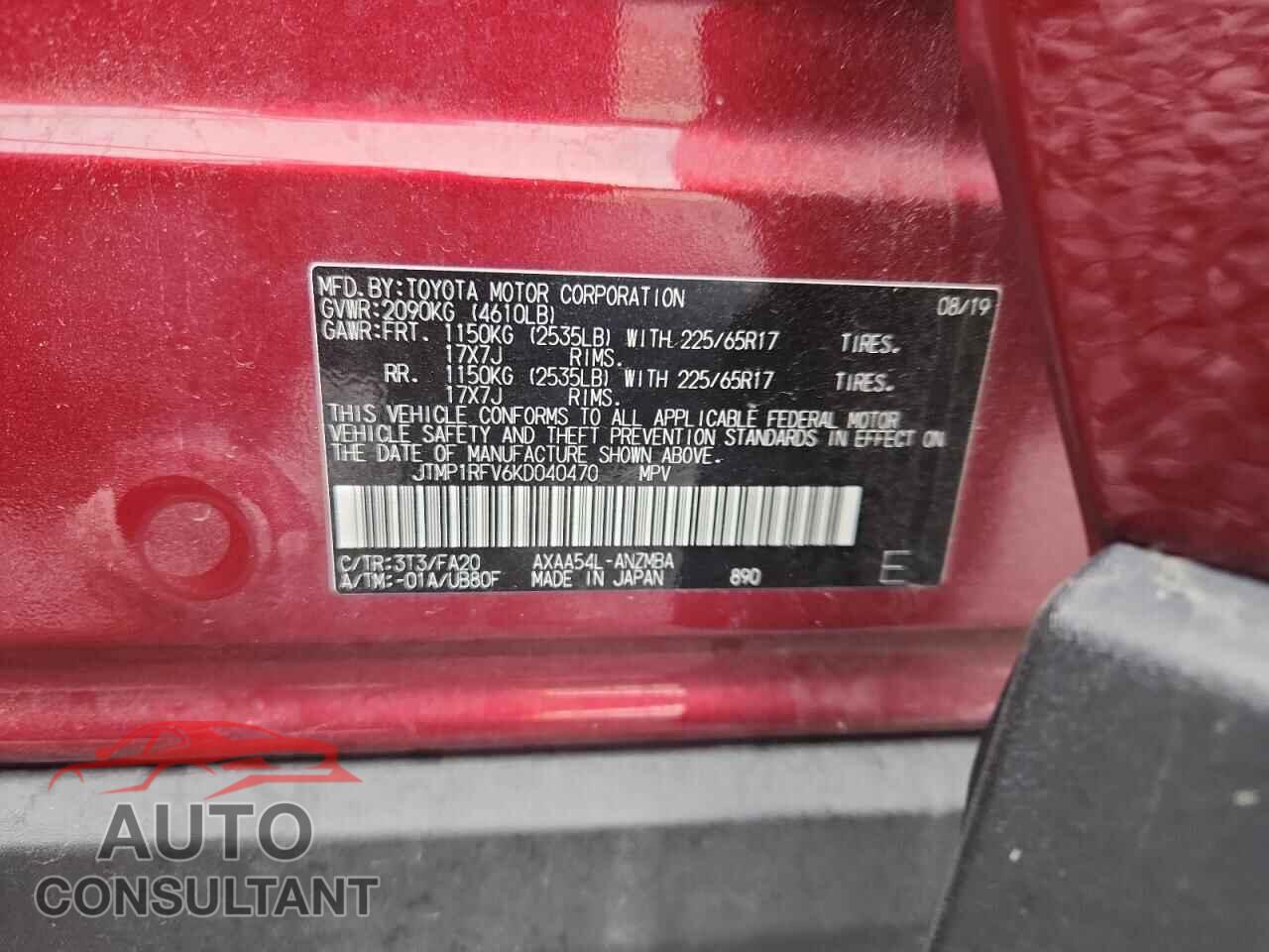 TOYOTA RAV4 2019 - JTMP1RFV6KD040470