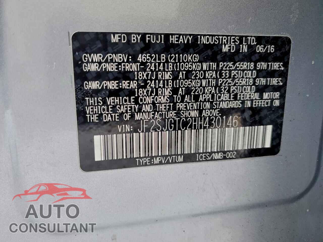 SUBARU FORESTER 2017 - JF2SJGTC2HH430146