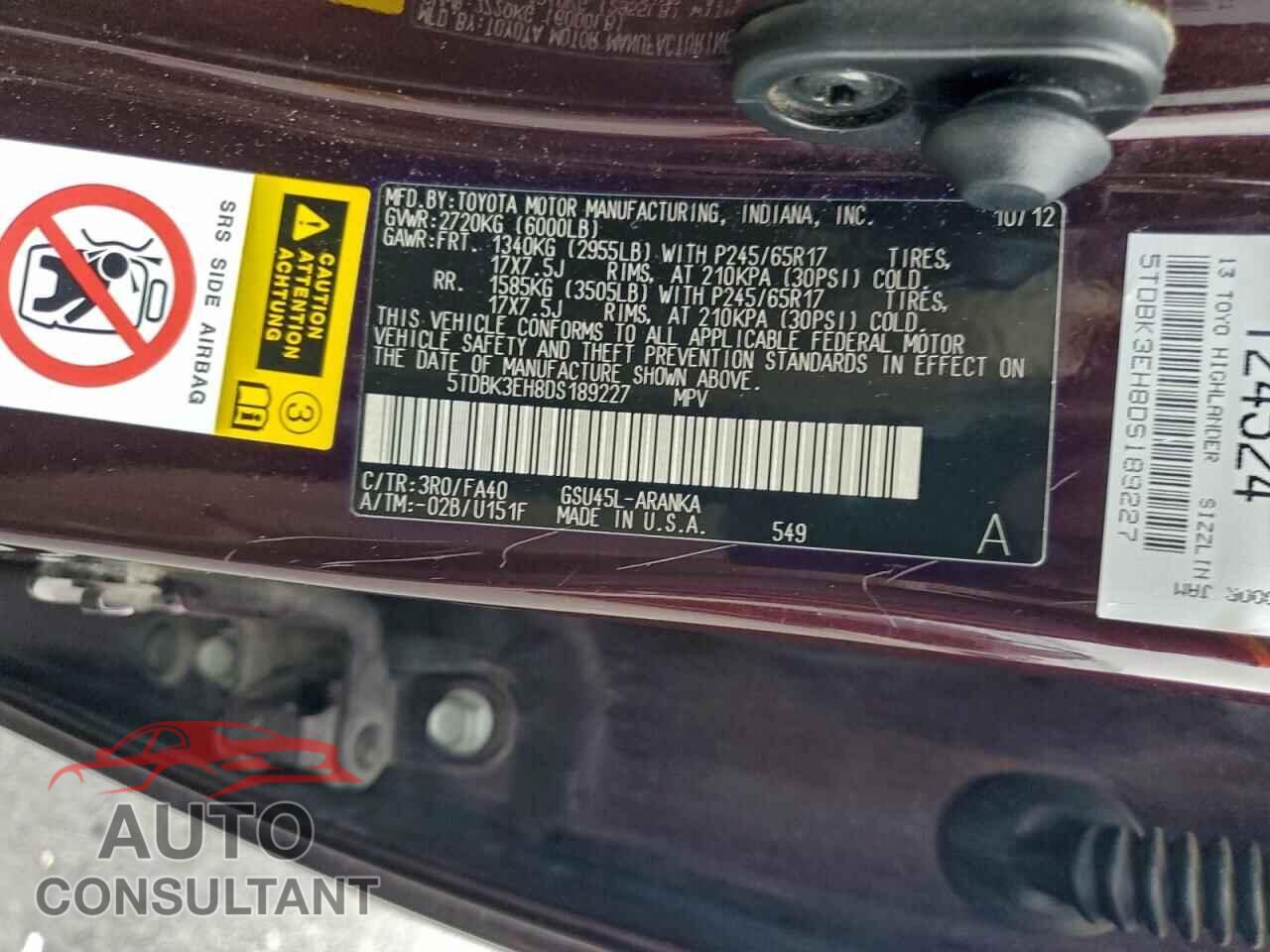 TOYOTA HIGHLANDER 2013 - 5TDBK3EH8DS189227