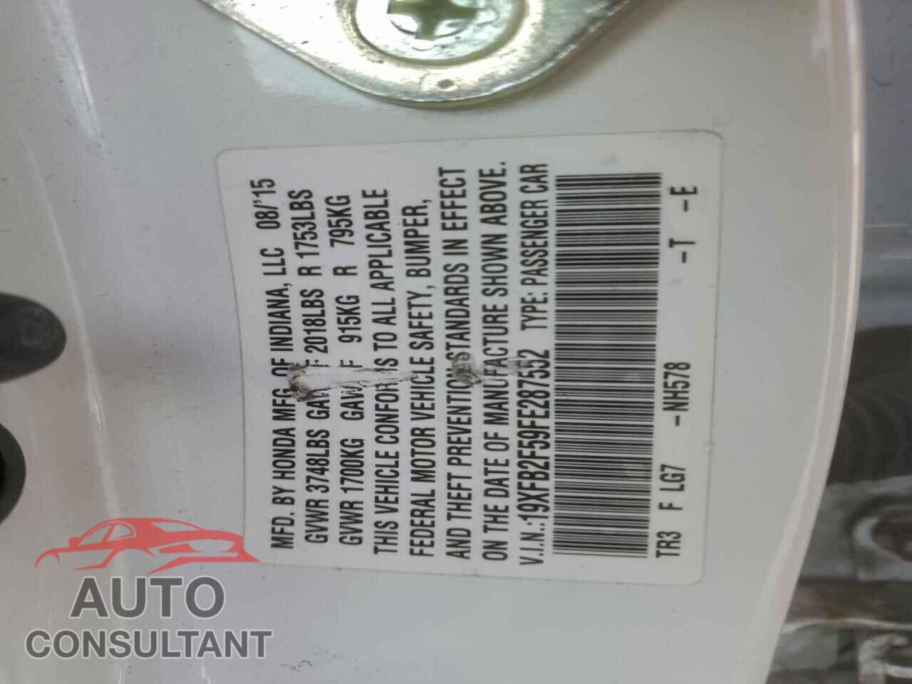 HONDA CIVIC 2015 - 19XFB2F59FE287552
