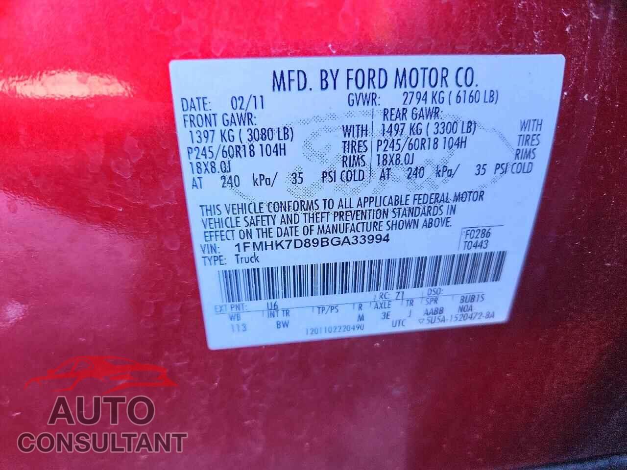 FORD EXPLORER 2011 - 1FMHK7D89BGA33994