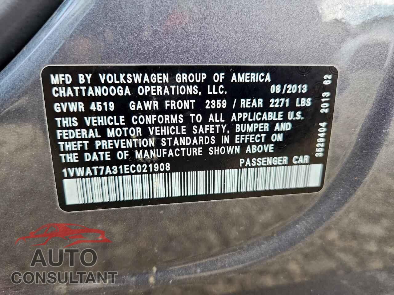 VOLKSWAGEN PASSAT 2014 - 1VWAT7A31EC021908