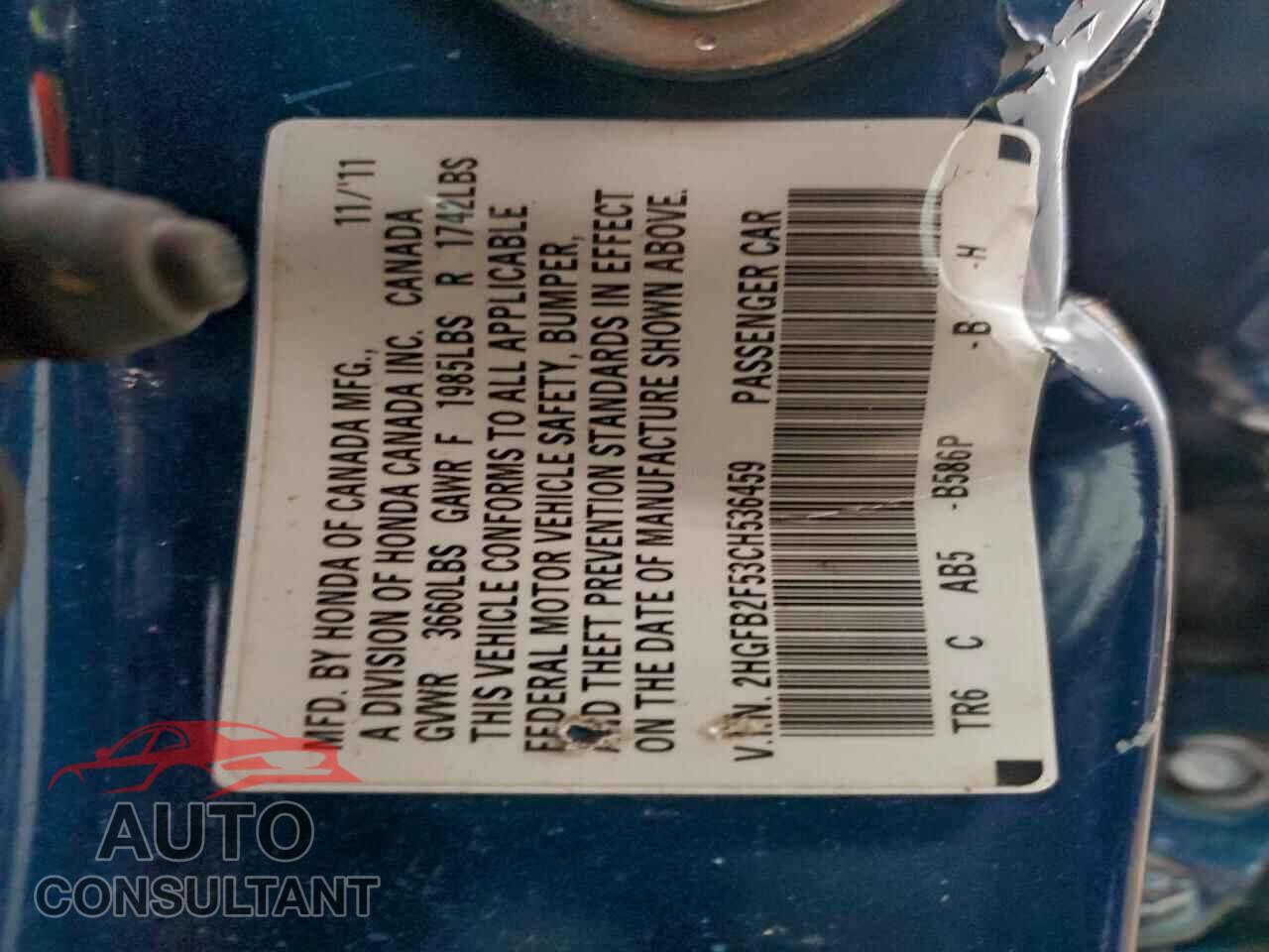 HONDA CIVIC 2012 - 2HGFB2F53CH536459