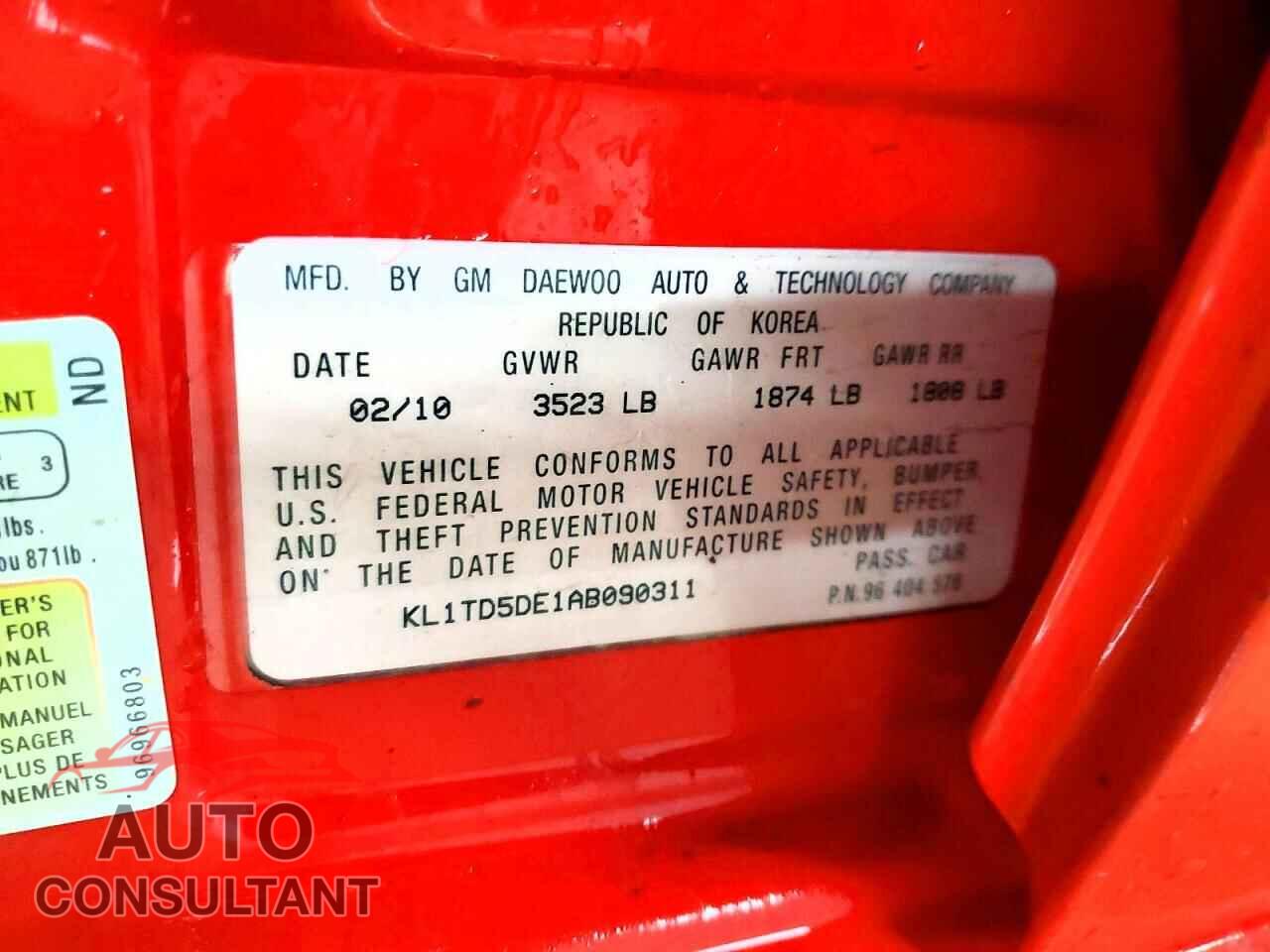 CHEVROLET AVEO 2010 - KL1TD5DE1AB090311