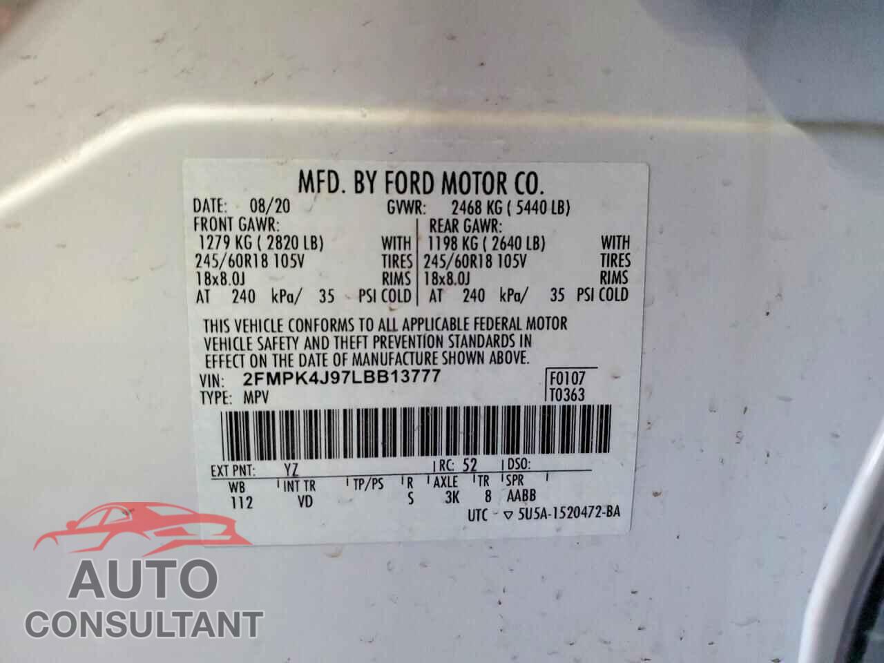 FORD EDGE 2020 - 2FMPK4J97LBB13777