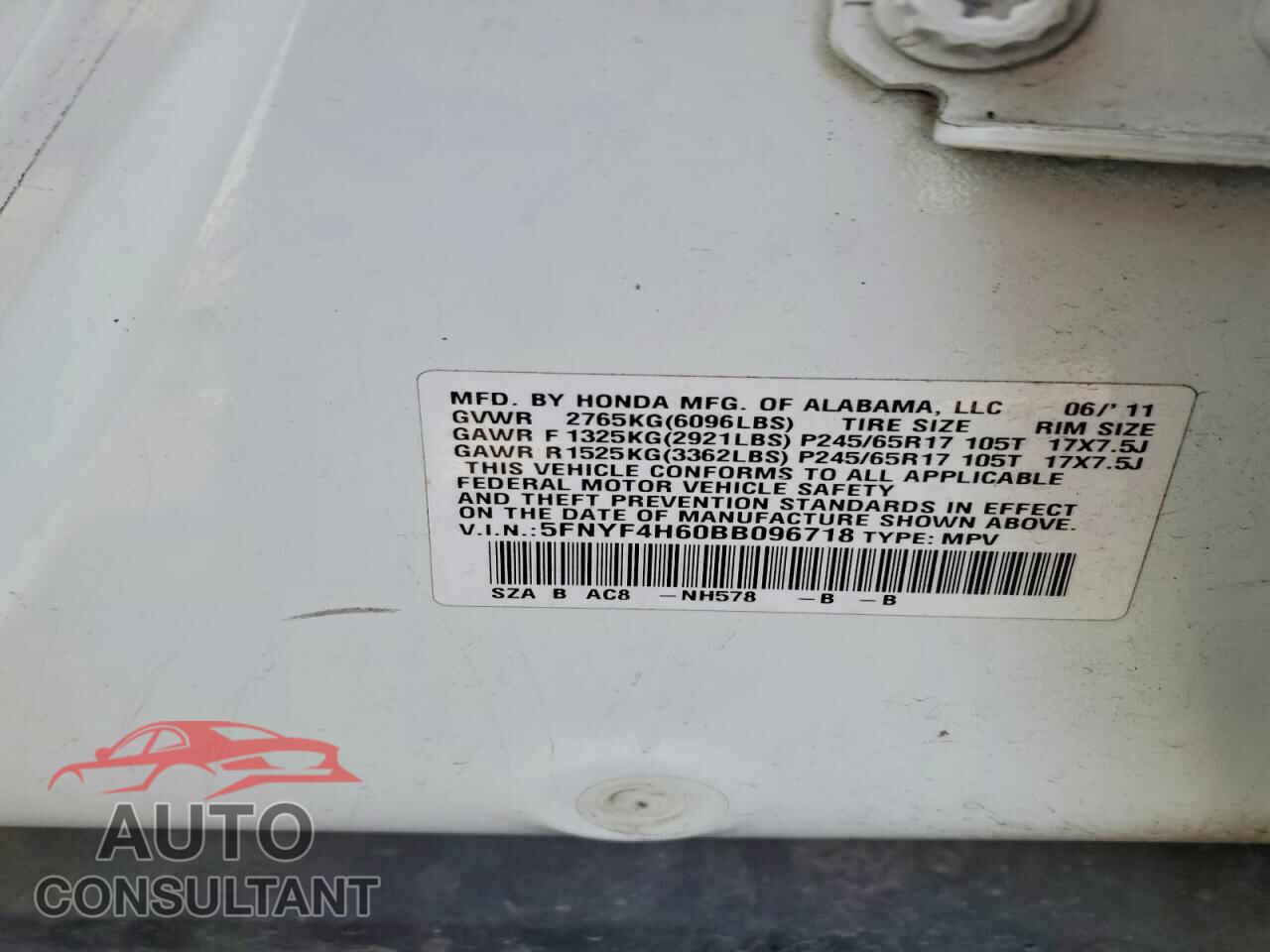 HONDA PILOT 2011 - 5FNYF4H60BB096718