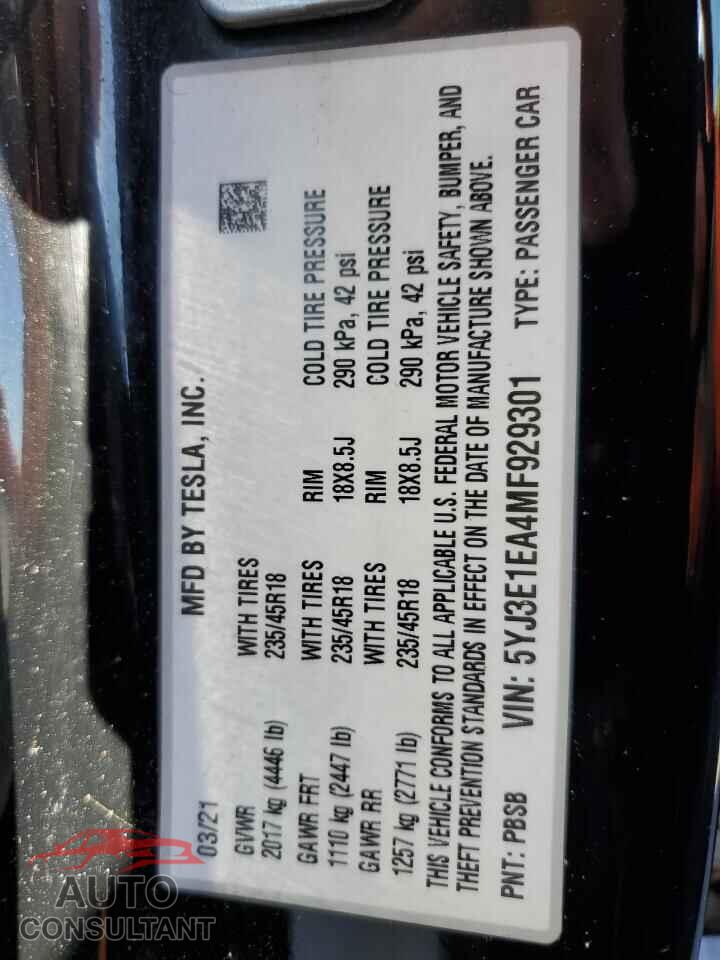 TESLA MODEL 3 2021 - 5YJ3E1EA4MF929301
