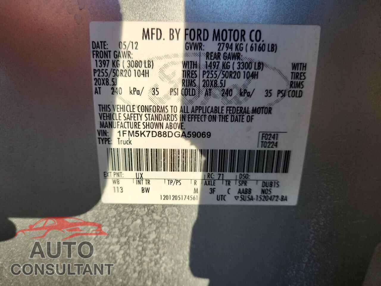 FORD EXPLORER 2013 - 1FM5K7D88DGA59069