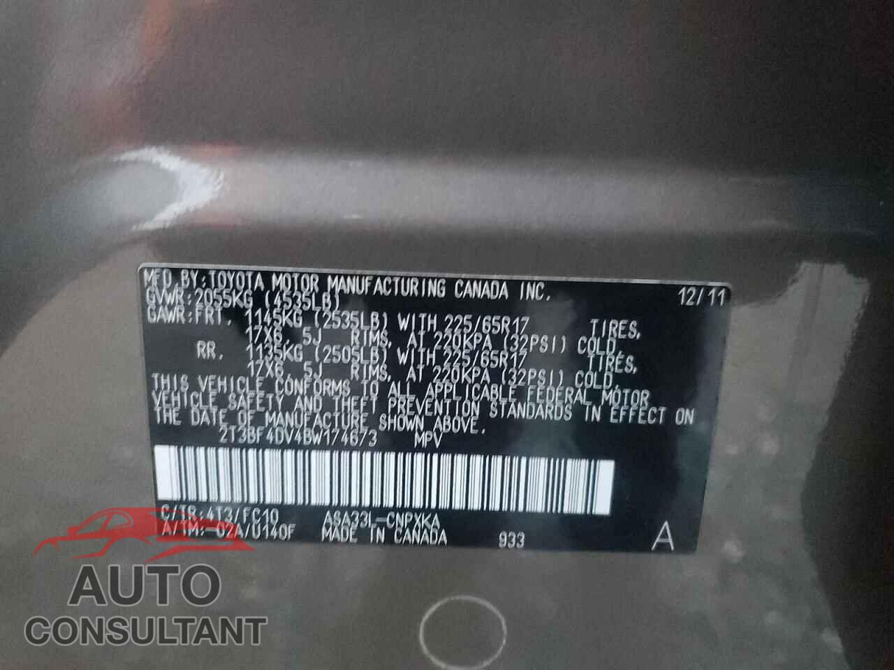 TOYOTA RAV4 2011 - 2T3BF4DV4BW174673