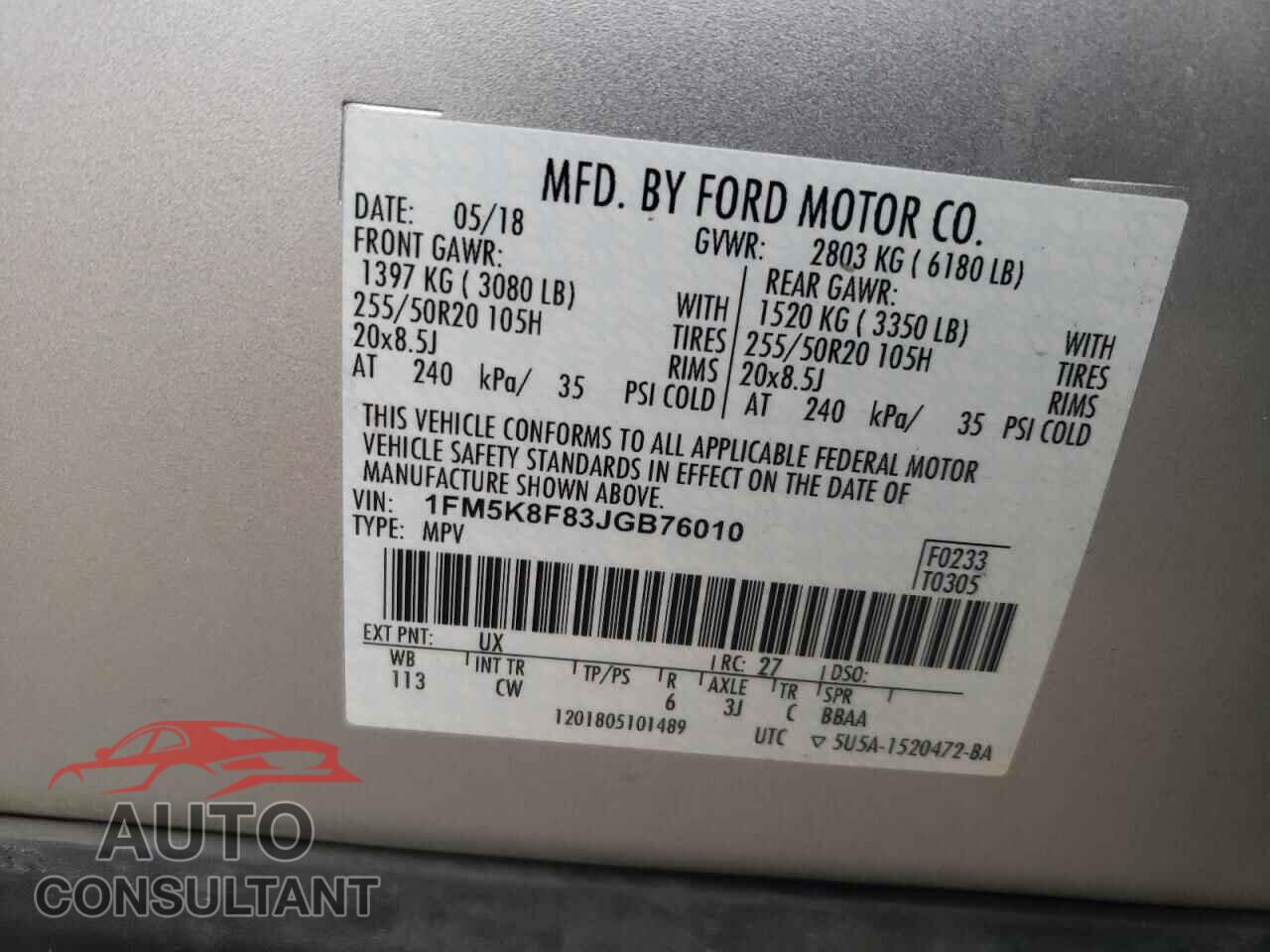 FORD EXPLORER 2018 - 1FM5K8F83JGB76010