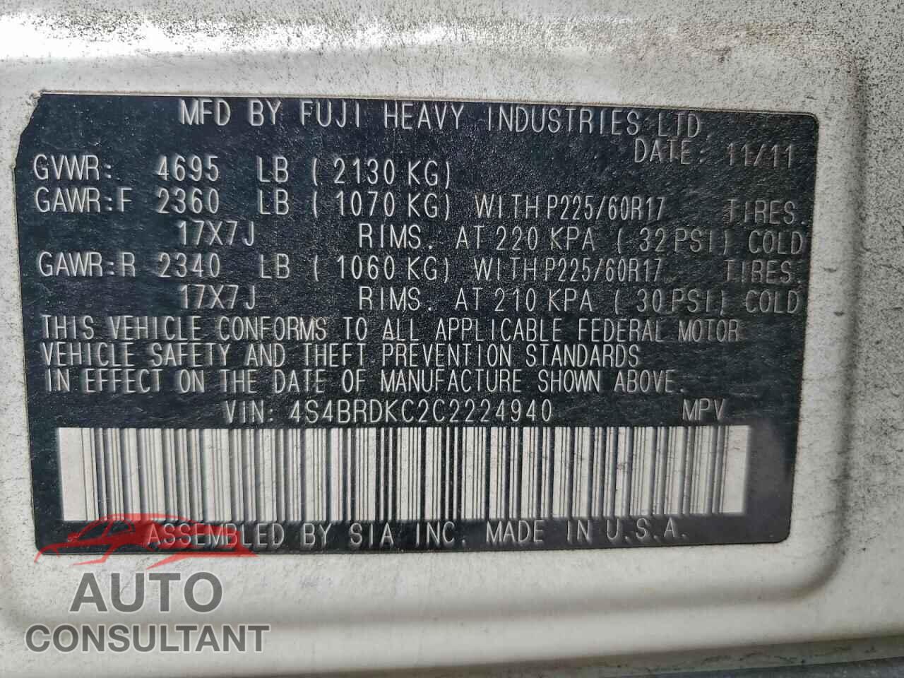 SUBARU OUTBACK 2012 - 4S4BRDKC2C2224940
